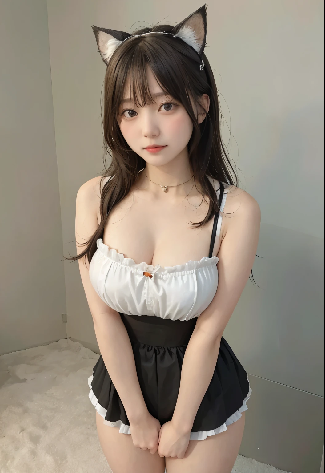 1 Girl,渐变color头发,maid outfit,Maid, Chest, Huge cleavage breasts,maid outfit,Maid ,Looking at the audience,Station Street,Standing on the road,High heel,, ((Realistic skin texture)), Ribbon,白color吊带袜,Full body, color,Cat Student,front Photo,Beach,sunny,下Chest日本Maid,, Cat ears, Large, shy person, compliance, blush, Moist oily skin, , , Large粗腿, Beautiful hip curve, ,Facing the audience, , Radiant Skin, Beautiful thighs,Glowing thighs, Glowing Legs, 白color短裙,白color蕾丝吊带袜,Puppy Collar,绿color头发,绿color,Green Hair