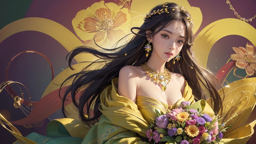 32K, 最高quality, 最高masterpiece, (ultra-Detailed Background, Detailed Background), High resolution, Super detailed, Very detailedな, One girl, (bouquet:1.3), (Tangled:1.2), (Geometric:1.2),(colorful),(masterpiece, quality, best quality, Official Art, Beautiful and beautiful:1.2), (1 girl:1.3), Very detailed,(colorful:1.1)(Flowers:1.3),Most detailed,(Tangled:1.2), whole body, (Abstract background:1.3), (Skin glows), (Many colors:1.4), ,(Earrings Jewelry:1.5), Yellow background,
