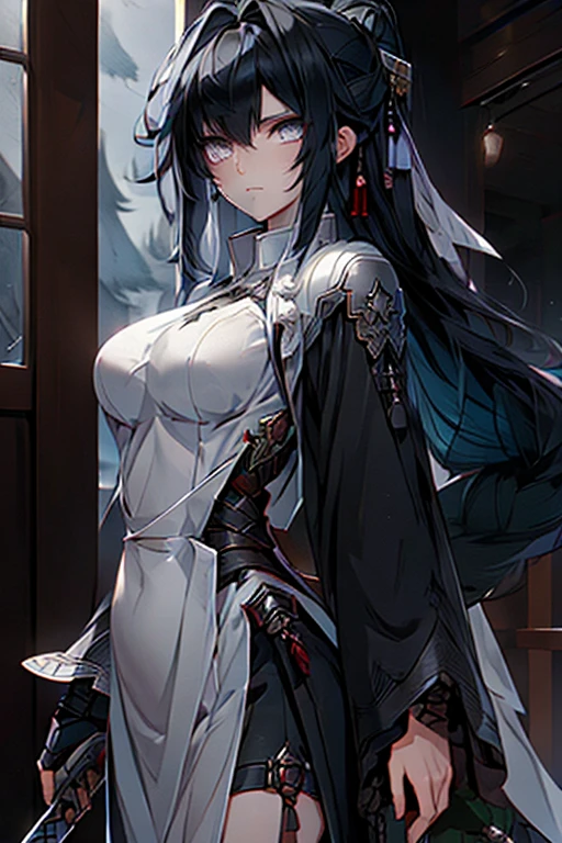 black hair, plainclothes sword, armor dress, big tits, masterpiece, highest quality, holding a sword, gray eyes