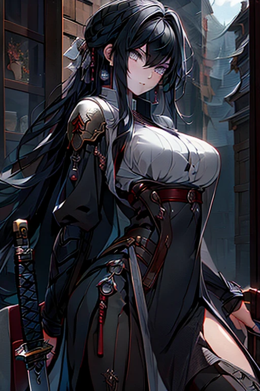 black hair, plainclothes sword, armor dress, big tits, masterpiece, highest quality, holding a sword, gray eyes