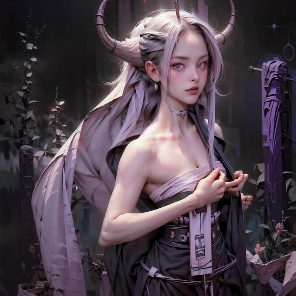 1girl, cute girl, sexy, solo, looking at viewer, monochrome, greyscale, bunt bangs, purple eyes, white hair, long hair, parted lips, horns, black background, portrait, cyberpunk, gothic, biopunk, dated, retro art, romantic,