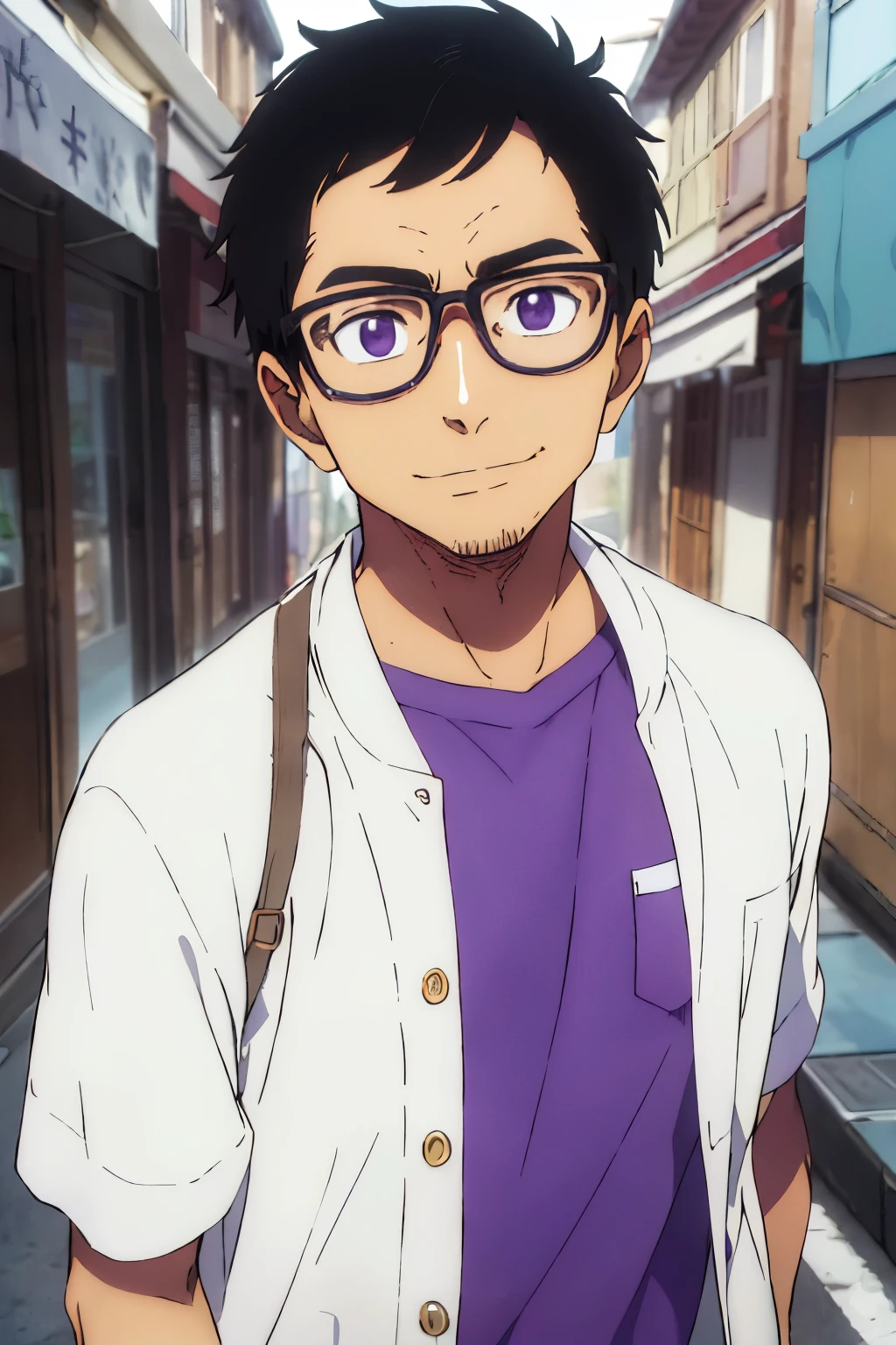 (best quality,high resolution,Extremely detailed) A 40-year-old man with black hair and oriental hair wearing white clothes, Wearing gold-rimmed glasses, . He has short hair.On the Street. Wearing a purple shirt.light coat . Right hand showing love.Front with one hand in pocket,Carrying camera on chest.,Have dimples