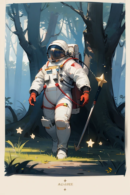 Astronaut with his suit in a fantasy medieval land , in a magical forest, surrounded by a magic star and it&#39;s night