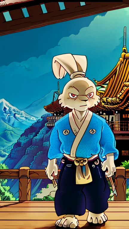 (1man, usagi yojimbo), (extremely detailed CG unit 8k wallpaper),(master part), (best quality), (ultra detali), (best illustration),(melhor ombre), cowboy shot, (Sharp eyeliner, ombre, detailed eyes:1), mountains in the background, japanese temple,break , (ghibli style), upper body