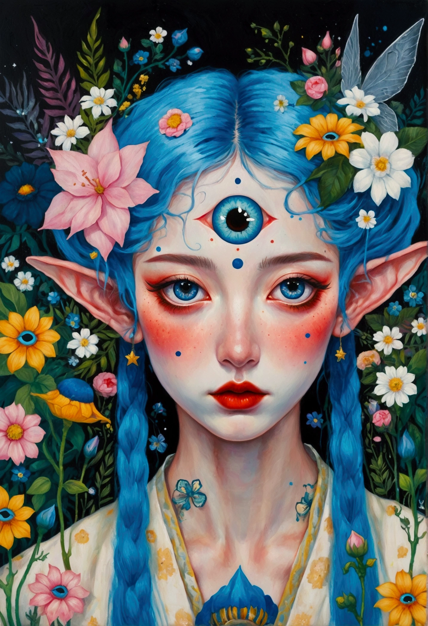 The painting shows a woman with blue hair and blue eyes,Elf ears,Surrounded by flowers, Nandor Katona (Soldier Nándor) Surrealism, Winner of the Behance competition, Pop surrealism, Pop surrealism lowbrow art style, lowbrow Pop surrealism, japanese Pop surrealism, Third Eye Vision, Star-studded eyes,