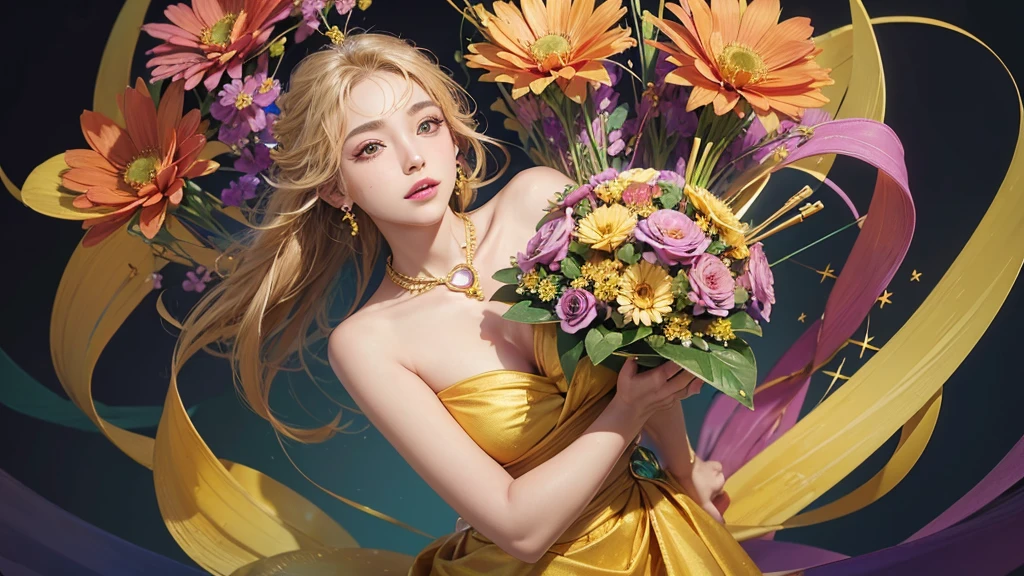 32K, 最高quality, 最高masterpiece, (ultra-Detailed Background, Detailed Background), High resolution, Super detailed, Very detailedな, One girl, (bouquet:1.3), (Tangled:1.2), (Geometric:1.2),(colorful),(masterpiece, quality, best quality, Official Art, Beautiful and beautiful:1.2), (1 girl:1.3), Very detailed,(colorful:1.1)(Flowers:1.3),Most detailed,(Tangled:1.2), whole body, (Abstract background:1.3), (Skin glows), (Many colors:1.4), ,(Earrings Jewelry:1.5), Yellow background,