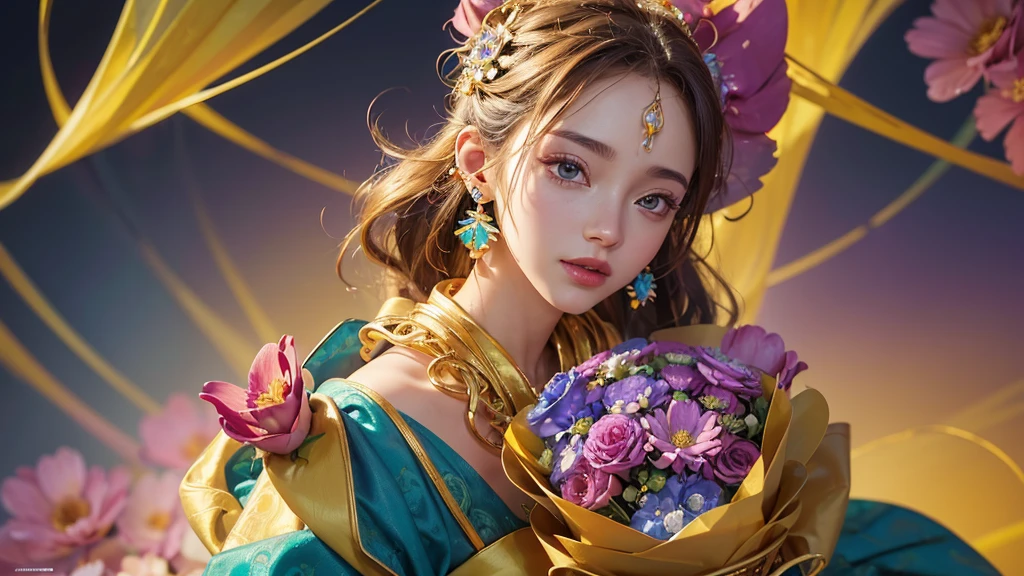 32K, 最高quality, 最高masterpiece, (ultra-Detailed Background, Detailed Background), High resolution, Super detailed, Very detailedな, One girl, (bouquet:1.3), (Tangled:1.2), (Geometric:1.2),(colorful),(masterpiece, quality, best quality, Official Art, Beautiful and beautiful:1.2), (1 girl:1.3), Very detailed,(colorful:1.1)(Flowers:1.3),Most detailed,(Tangled:1.2), whole body, (Abstract background:1.3), (Skin glows), (Many colors:1.4), ,(Earrings Jewelry:1.5), Yellow background,