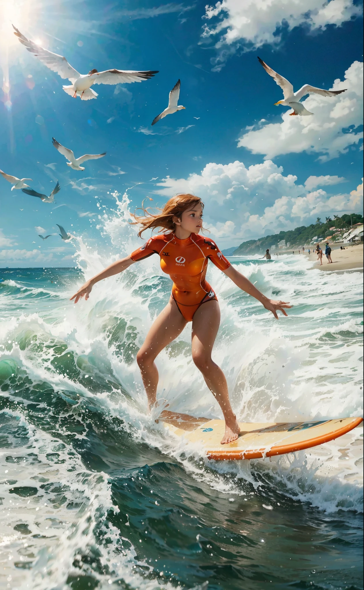 A woman surfing a wave at the beach, detailed face and body features, muscular build, tan skin, wetsuit, board under arm, sun-kissed hair, salty sea spray, beach scene in the background, realistic, high-definition, vibrant colors, bright sunlight, water droplets, (ocean:1.2), (beach:1.1), (surfboard:1.1),