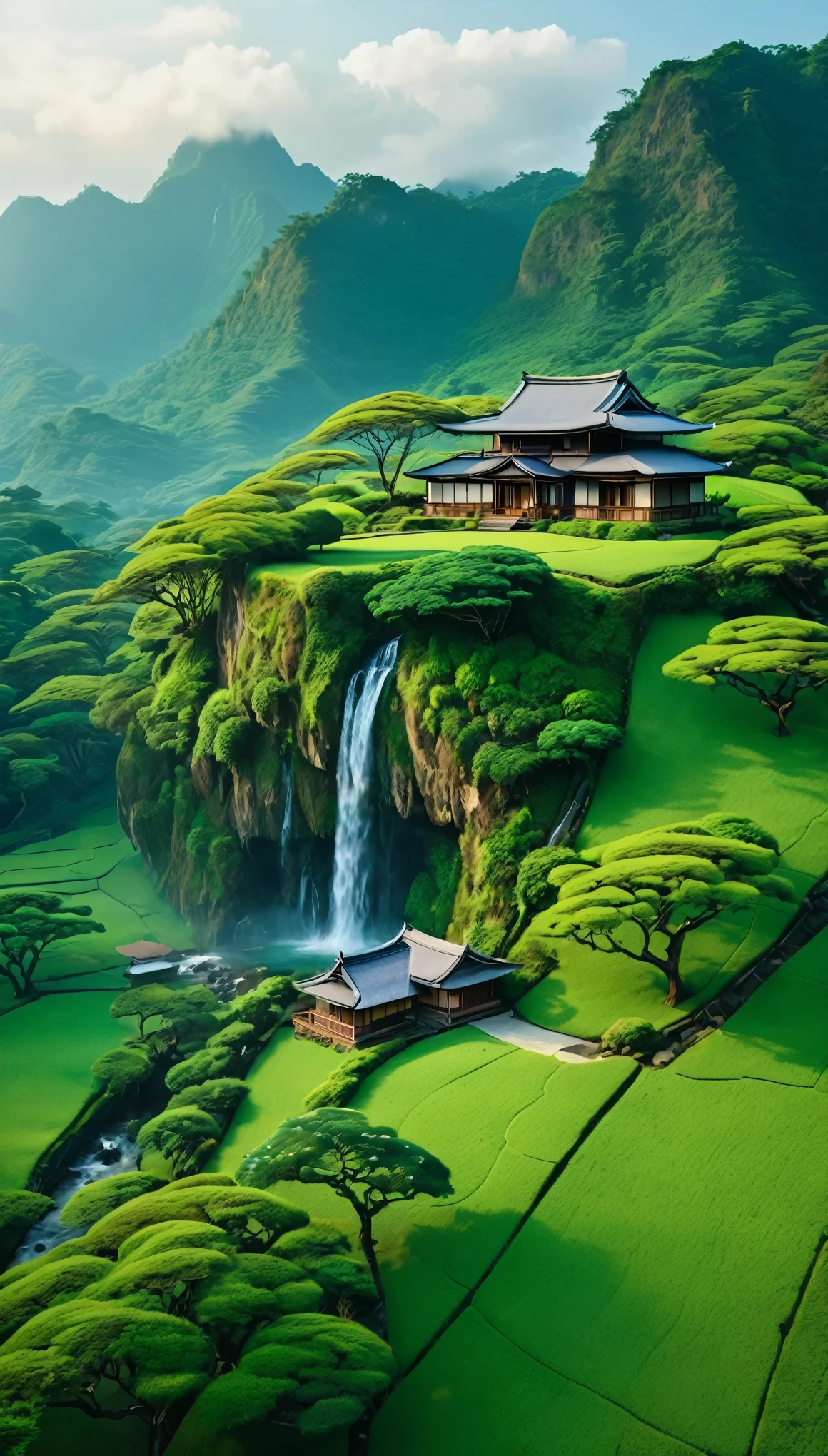 Green savana, tree in the middle, Beside the tree there is a japanese house, there are mountain with waterfall, morning vibes, top angle, 4K