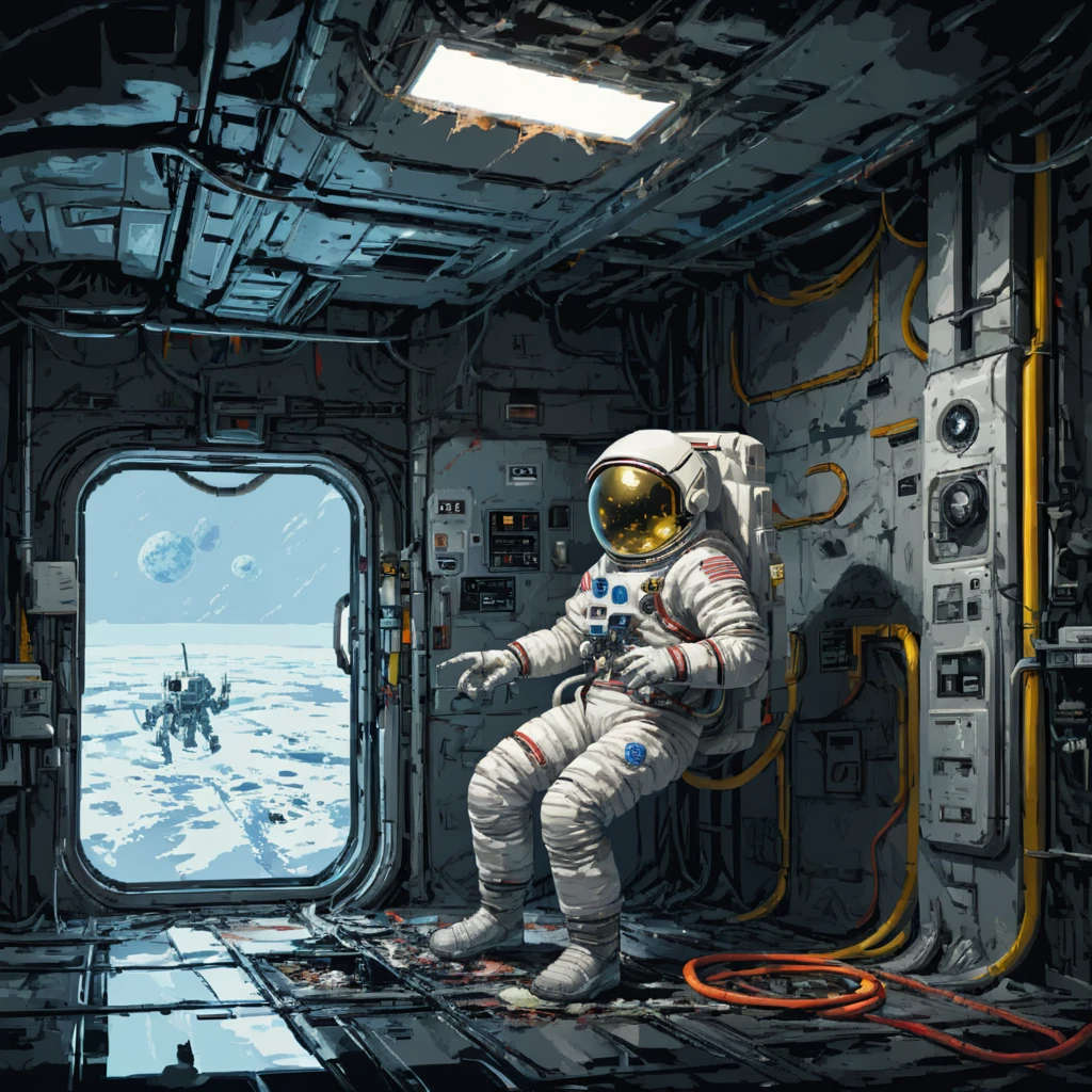 Skeleton Astronaut, space station, Science Fiction, canteen, Emergency lighting, Fragments, damage, hose, 电Wire, filling, ((pulp_漫painting, heavy_Wire, hand_painting, hand_Ink, hand_colored, Chen Wenku))