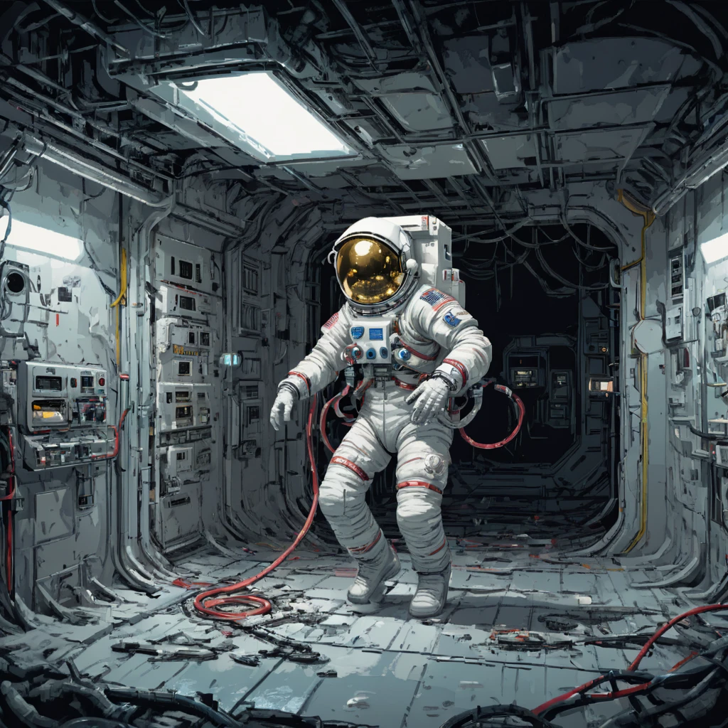 Skeleton Astronaut, space station, Science Fiction, canteen, Emergency lighting, Fragments, damage, hose, 电Wire, filling, ((pulp_漫painting, heavy_Wire, hand_painting, hand_Ink, hand_colored, Chen Wenku))