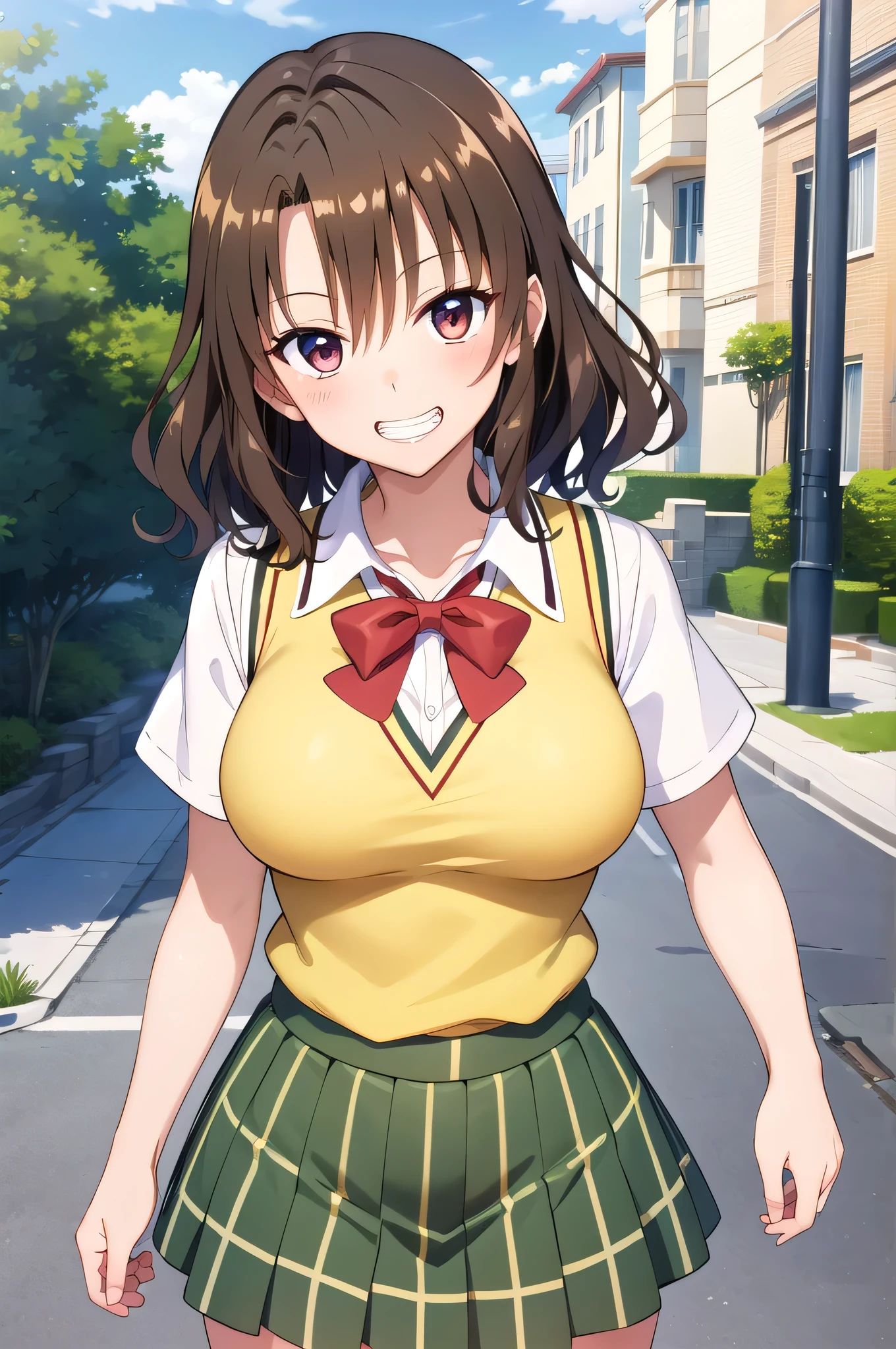 Anime Women、solo、Game CG style、masterpiece、Highest quality、High resolution、Woman with short brown hair、Brown eyed woman、Wavy Hair、Big Breasts、A woman with very large breasts、Tall Woman、clavicle、School uniforms、High school girls、Collared shirt、White shirt、Sweater vest、(Yellow vest:1.2)、Short sleeve、Green bow tie、Checkered Skirt、Green Skirt、Pleated skirt、Navy blue knee-high sockary Jane、Mouth open、A woman is standing、Cowboy Shot、Outdoor、Sexy vibe、Perfect proportions、Grin、Female focus、looking at viewer、