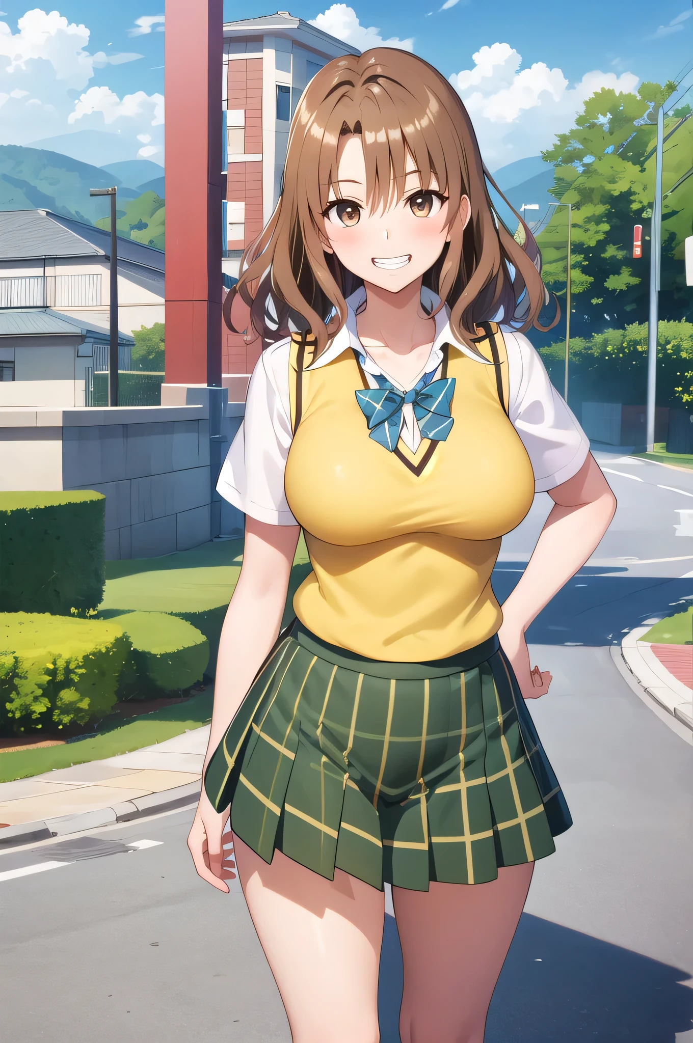 Anime Women、solo、Game CG style、masterpiece、Highest quality、High resolution、Woman with short brown hair、Brown eyed woman、Wavy Hair、Big Breasts、A woman with very large breasts、Tall Woman、clavicle、School uniforms、High school girls、Collared shirt、White shirt、Sweater vest、(Yellow vest:1.2)、Short sleeve、Green bow tie、Checkered Skirt、Green Skirt、Pleated skirt、Navy blue knee-high sockary Jane、Mouth open、A woman is standing、Cowboy Shot、Outdoor、Sexy vibe、Perfect proportions、Grin、Female focus、looking at viewer、