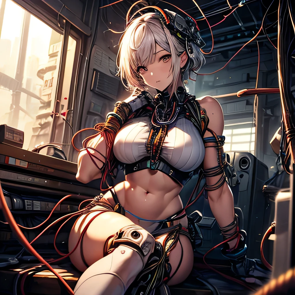 (((masterpiece))), (((Highest quality))), ((Very detailedな)), (Detailed CG illustrations), ((Very delicate and beautiful)),Cinematic Light,((One mechanical woman)), alone,mature,(Big and ample breasts),(Plump), (((The crotch is open))),((Thighs)),((Sitting)),whole body, (Machine made joints:1.4),((Mechanically cut muscle blood vessels connected to tubes),((Mechanical cervical spine attached to the neck)),(Wires and cables connected to the head and torso:1.5),short hair,(Character Focus),sf, ,((Very detailed,colorful)),Best details