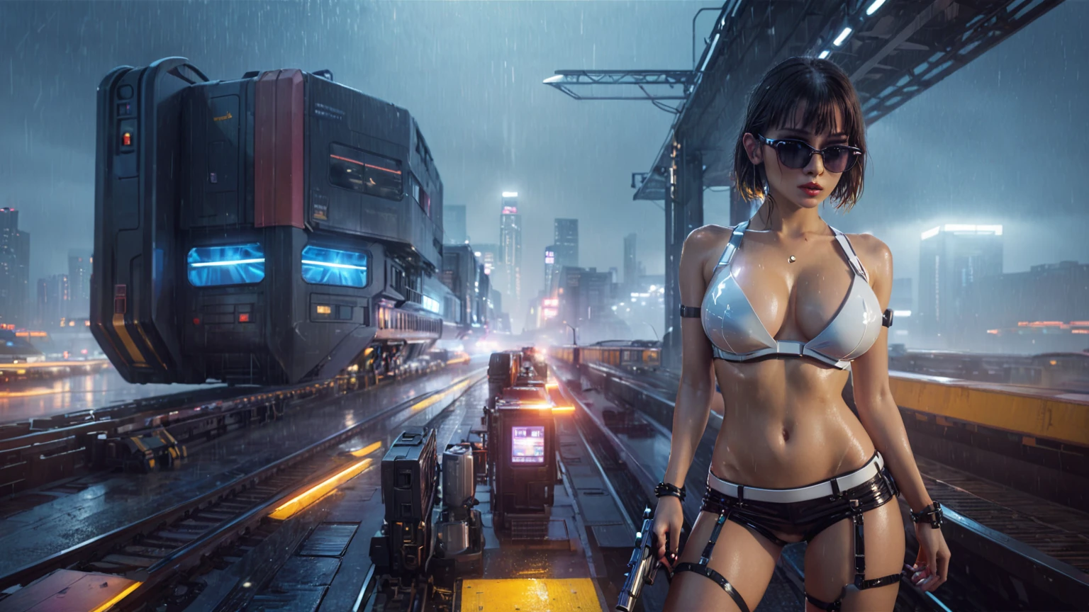 (aerial view), Blade Runner style futuristic railway platform, hi-tech train, neon lights, rainy night. (((1girl, solo, alone))), large-breast:1.2 D-cup slim:0.9 body, cleavage:1.1, sexy miniskirt, (black sunglasses), ((holding a mini:1.2 pistol)), dynamic pose, half-body thigh level medium shot, cinematic lighting, ray tracing.