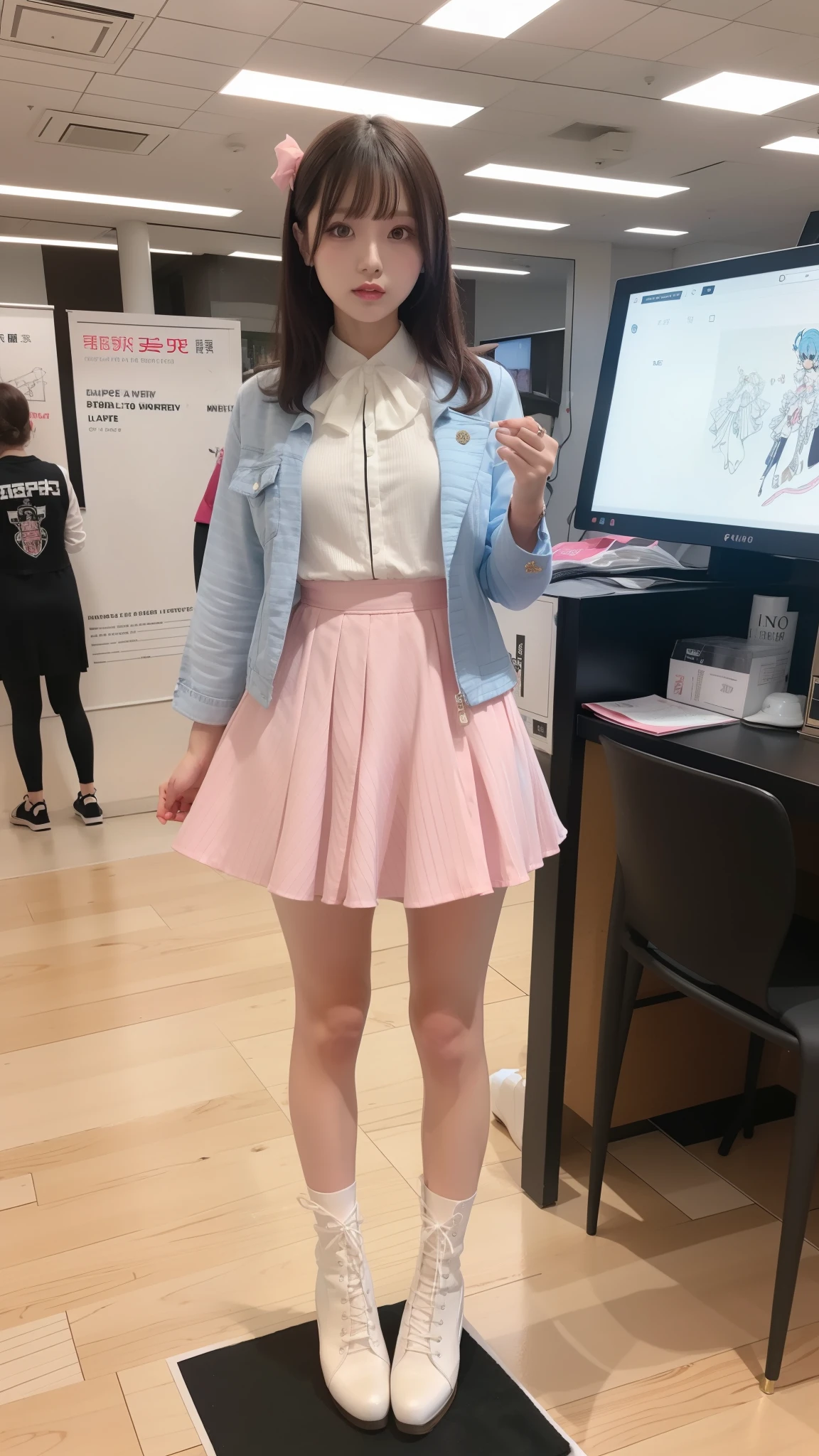 Costume like a idol, blue and white half sleeve Jacket, pink satin ruffled blouse, White and pink stripe pleated skirt, white lace up boots