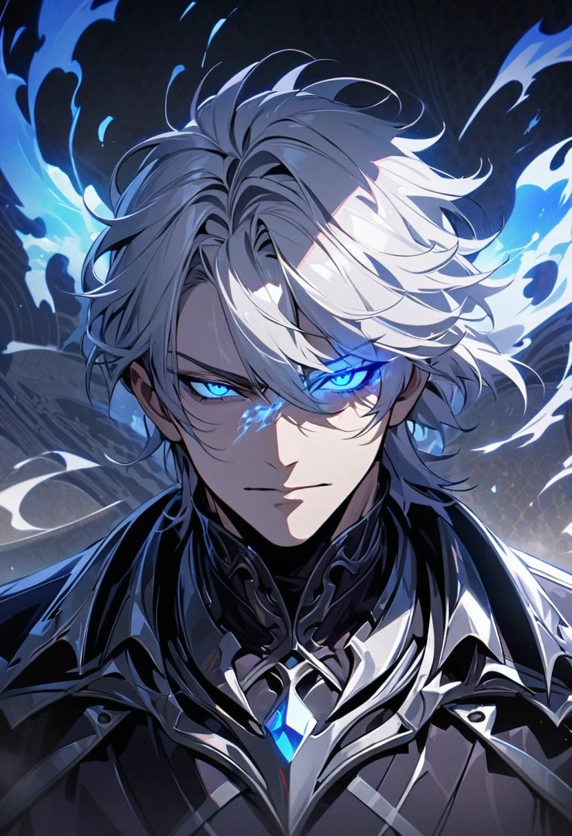 male, solo, handsome, murderous air, silver hair, shadow, experienced, dark silver general out fit, blue eyes, beautiful eyes, glowing eyes, high detail, masterpiece, wallpaper, the blue flame in the eyes, villain, middle-age, silver aura, holo, front face, macro picture, mature