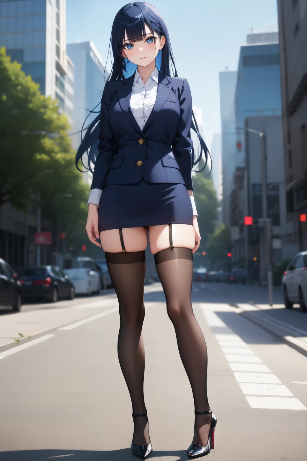 anime lady, wearing stockings, wearing office lady uniform, high res, city, down viewpoint, sexy pose, ultrasharp, 8k, masterpiece, looking at viewer, wearing high heels, 1girl, dark blue hair, long hair, blue eyes