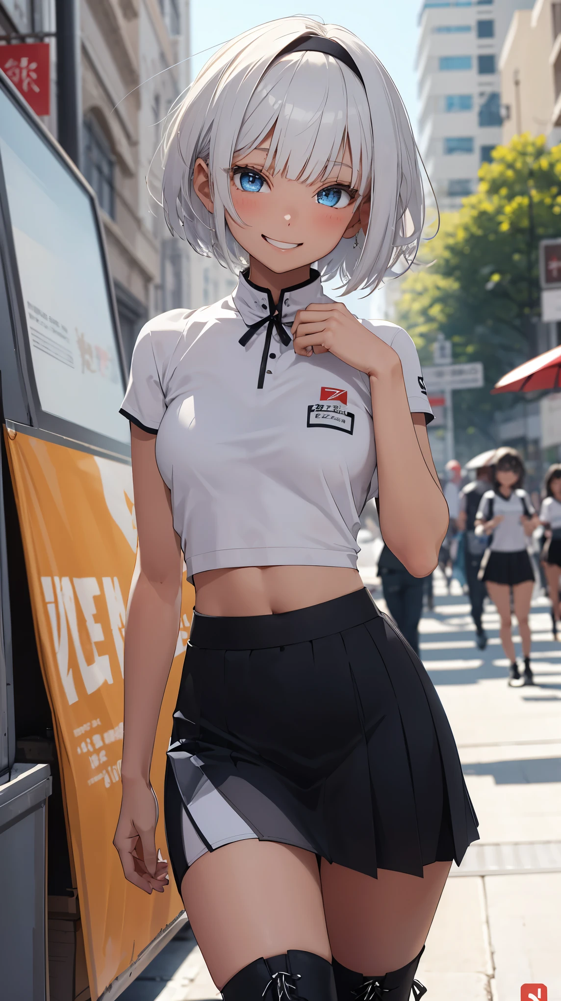((white sign)), ((upper body)), 1 Girl、Beautiful silver hair、((((Very short hair))))、Blue eyes、(hair band)、((Blunt bangs)), small breasts、22 years old, (tsurime), Tight waist、smile、(((Wink))), Natural lighting、Very cute face, Cute pose、Monte Carlo Street Circuit, Promotion Girl, Grid Girls, The promotional costumes are exquisitely tailored., paying meticulous attention to detail, Lace-up boots, Short sleeve, White cropped tops, Knee-length, Exposing shoulders, Knee-lengthグリッターナイロンプリーツスカート, Asymmetrical medium size nylon pleated skirt, Promotional wear with logo, Red and white glitter promotional wear、Shallow depth of field