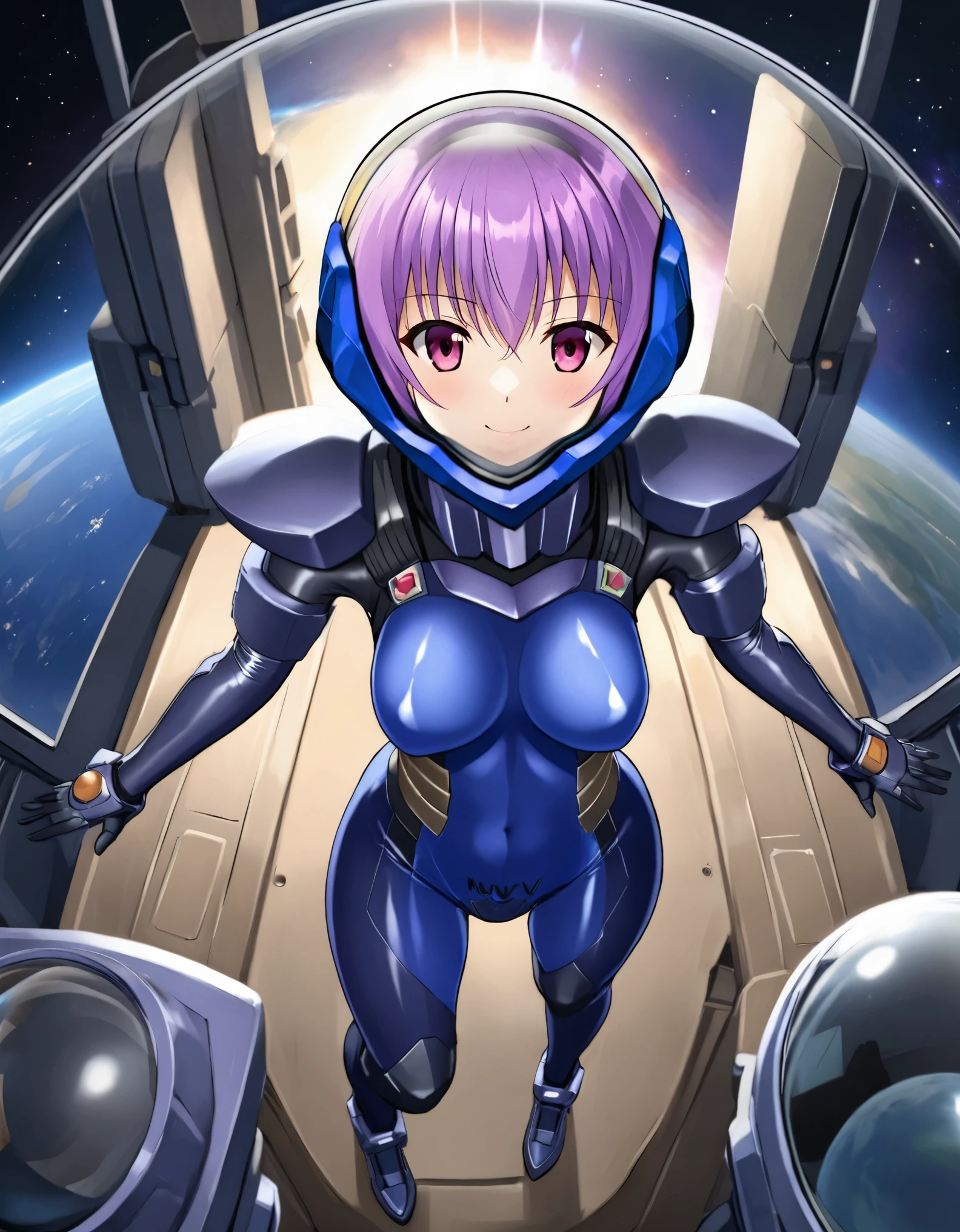 ((Female pilot in the cockpit of a reconnaissance plane), (airplane cockpit), (in flight), (10000 feet altitude)、(sky view):1.7),, short hair, street, emo, PINK hair, white eyes, eyeliner, apocalypse, girl, nside the (cockpit:1.9) of a (futuristic spaceship:1.6), , blush,sitting on a chair, covered navel, space helmet, muvluv, space helm, plug suit , space helmet, eva helm, space suit, short hair, from above, SMILE, , FULL BODY,purple hair:1.2),, blue bodysuit,, (top-quality、in 8K、32K、masterpiece、nffsw、超A high re\solution、Impresionismo、