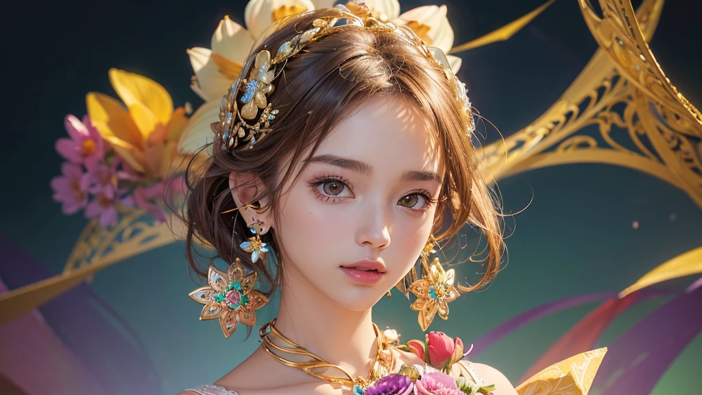 32K, 最高quality, 最高masterpiece, (ultra-Detailed Background, Detailed Background), High resolution, Super detailed, Very detailedな, One girl, (bouquet:1.3), (Tangled:1.2), (Geometric:1.2),(colorful),(masterpiece, quality, best quality, Official Art, Beautiful and beautiful:1.2), (1 girl:1.3), Very detailed,(colorful:1.1)(Flowers:1.3),Most detailed,(Tangled:1.2), whole body, (Abstract background:1.3), (Skin glows), (Many colors:1.4), ,(Earrings Jewelry:1.5), Yellow background,