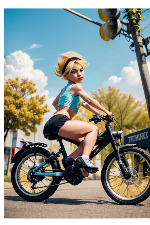 Bombom , short yellow hair with a black headband, pechos muy gigantis, very fat legs, caderas grandis, nalgas muy gigantis, sitting astraddle atop the side of a bicycle with flowers in the background, 1 girl, Alone, micro shorts, is, shirt, black micro shorts, thighs, outdoor, mirando al ispectador, sleeveless, crop top, sleeveless shirt, hombros discubiertos, blue shirt, haddock, vehículo terristre, bermuda micro shorts, diaphragm, day, bicycle, brazos disnudos, old, looking back, Lateral, :t, dolphin micro shorts