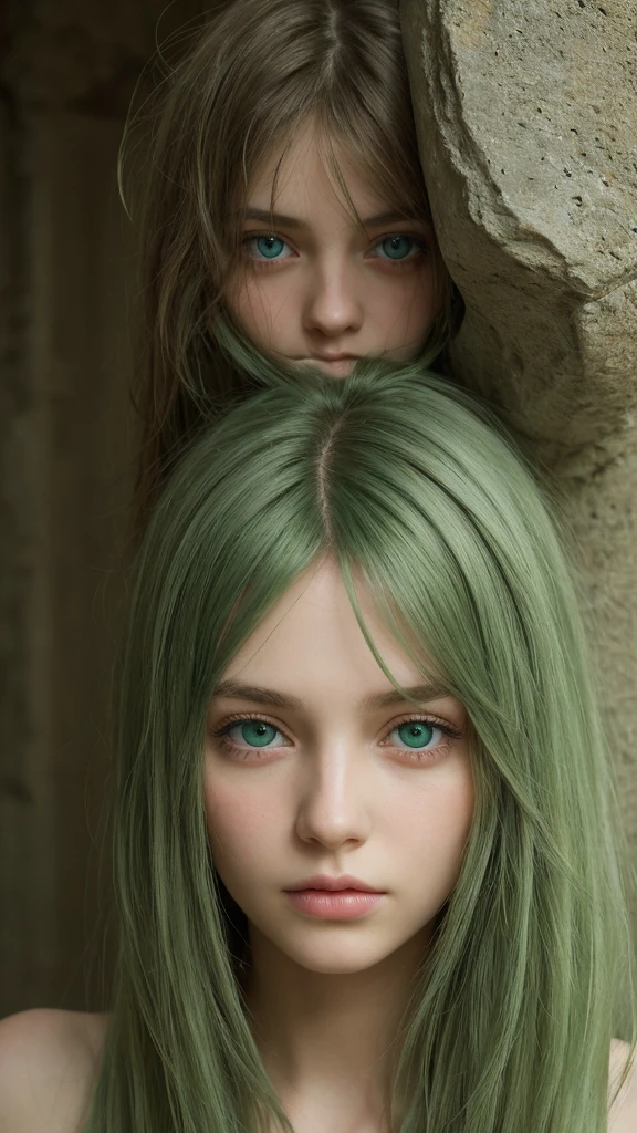 a beautiful girl. Europe. Oval face. delicate facial features. long straight green hair. messy hair. Beautifully detailed eyes. sad eyes. green eyes. Sad. shy