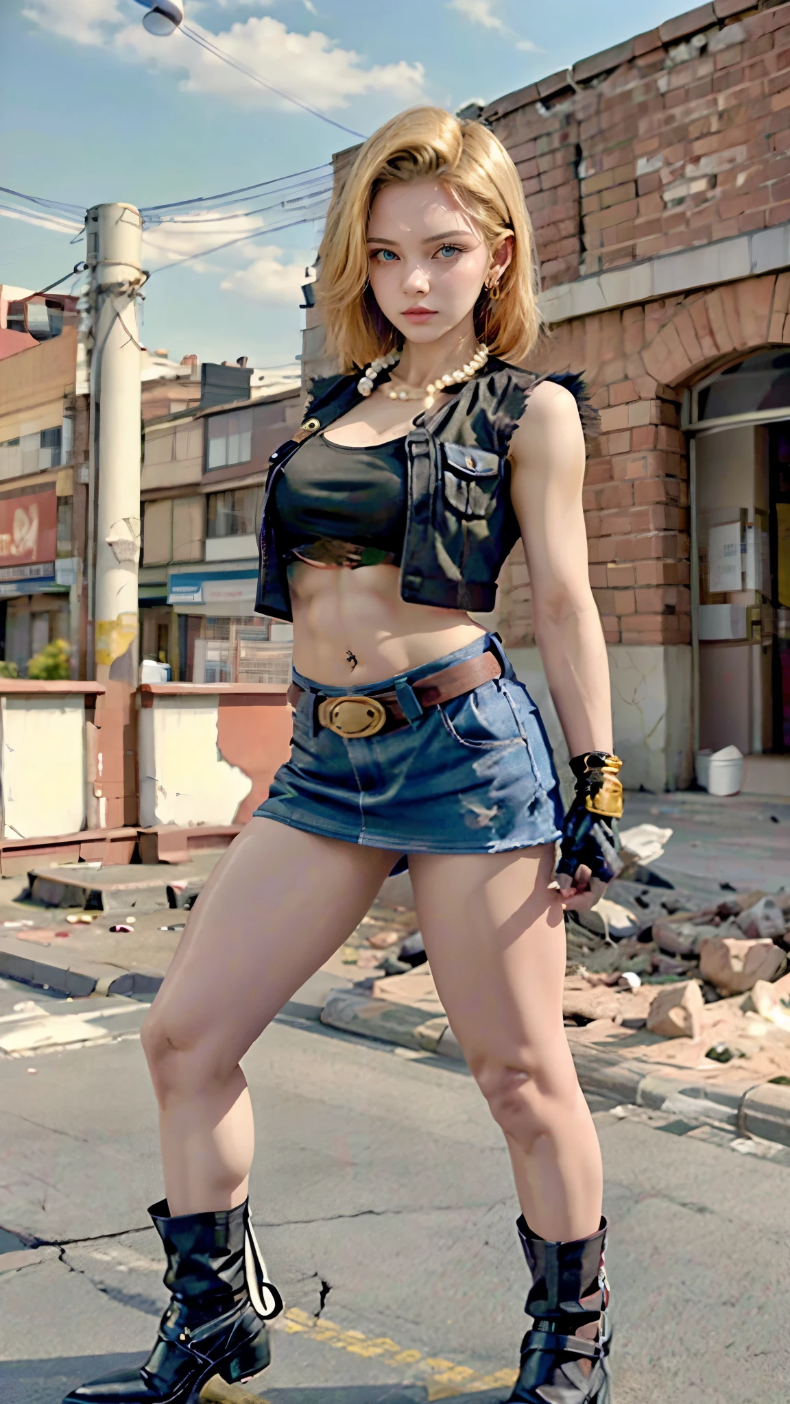 Moisturized skin,Realistic body,Android,(),(Girl),Collarbone,Earrings,(Cute face),Unfriendly,Anger,
BREAK,
Bright red lipstick,(Beautiful navel),(Golden hair),Beautiful hair,Short hair,
BREAK,
(Masterpiece, Top quality, High resolution, Highly detailed), (Full body:1.2),Symmetrical,One shot,
BREAK,
(Wind blowing),Outdoor,
BREAK,
Assassination,,Fantastic,Dynamism,(In the middle of war, Combat stance),(War,Blood,Chaos),(Android 18),Jewelry,(Denim vest),Black leather gloves,Pearl necklace,Jeans,Pushing hair aside,(Blue eyes),Denim skirt,Buckled belt,Fluorescent orange snow boots,Black leggings,