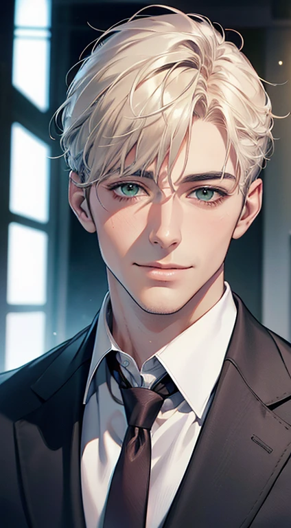(Highest quality,4K,8K,High resolution,masterpiece:1.2),Super detailed,(Realistic,photoRealistic,photo-Realistic:1.37),1 person,34 years old,Mature Men,Beautiful skin、very handsome,Expressionless smile in love,Short white hair,green eyes,Sharp Eyes,A perfect face without a doubt,Businessman, CEO, Office Background,Cinema Lighting,HDR image,tie、
