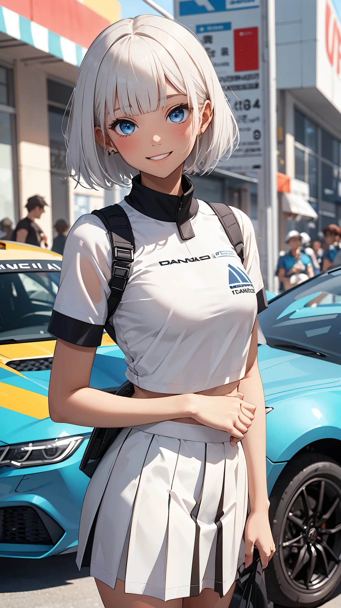 ((white sign)), ((upper body)), 1 Girl、Beautiful silver hair、((((Very short hair))))、Blue eyes、(hair band)、((Blunt bangs)), small breasts、22 years old, (tsurime), Tight waist、smile、(((Wink))), Natural lighting、Very cute face, Cute pose、Monte Carlo Street Circuit, Racing Car, Racing Bike, Promotion Girl, Grid Girls, The promotional costumes are exquisitely tailored., paying meticulous attention to detail, Lace-up boots, Short sleeve, White cropped tops, Knee-length, Exposing shoulders, Knee-lengthグリッターナイロンプリーツスカート, Asymmetrical medium size nylon pleated skirt, Promotional wear with logo, Red and white glitter promotional wear、Shallow depth of field