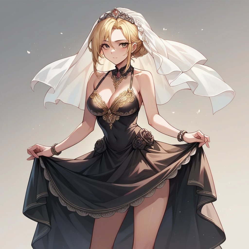 ((masterpiece)), ((best quality)), (detailed), perfect, solo,, golden lace bikini bottom, , bride, skirt, blonde, black dress