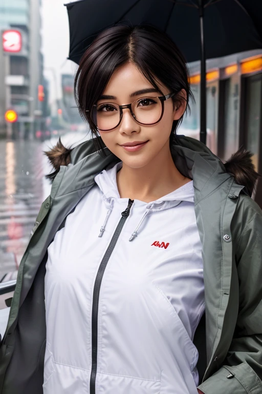 man、nerdy、A dark-haired、((short-hair))、((Hachimaki))、eye glasses、A smile、(((parka)))、white t-shirts、(((2 head body、Face bigger)))、(The right hand is the cheek)、The left hand is the index, rainy background