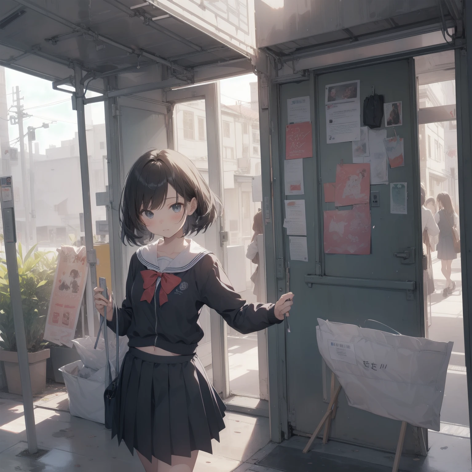 ultra-absurdres-Top quality by artist God, ultra-detailed, high resolution, anime moe artstyle, best anime 8k konachan wallpaper, pixiv contest winner, pool:2810, perfect anatomy,break, 1girl, (Please draw a girl walking sleepily to school alone. )break,(Solo,little female, 13-year-old:1.3),Full limbs, complete fingers,a junior high school student, (very short hair), short cut, flat chest, , small butt, small black eyes, beautiful detailed eyes, well-proportioned iris and pupils, expressive eyes, highres detailed hair, soft expression, salor school_uniform, sailor collar, serahuku, bow, pleated skirt,(Detailed Lighting), (Detailed background), in the School commute route. break,super detailed skin, Best cinematic lighting powered by famous artist, 8k,beauty illustration,photoshop_(medium),very aesthetic,break,((artist:nekotoufu )), artist:clamp ,artist:carnelian ,artist:kantoku ,