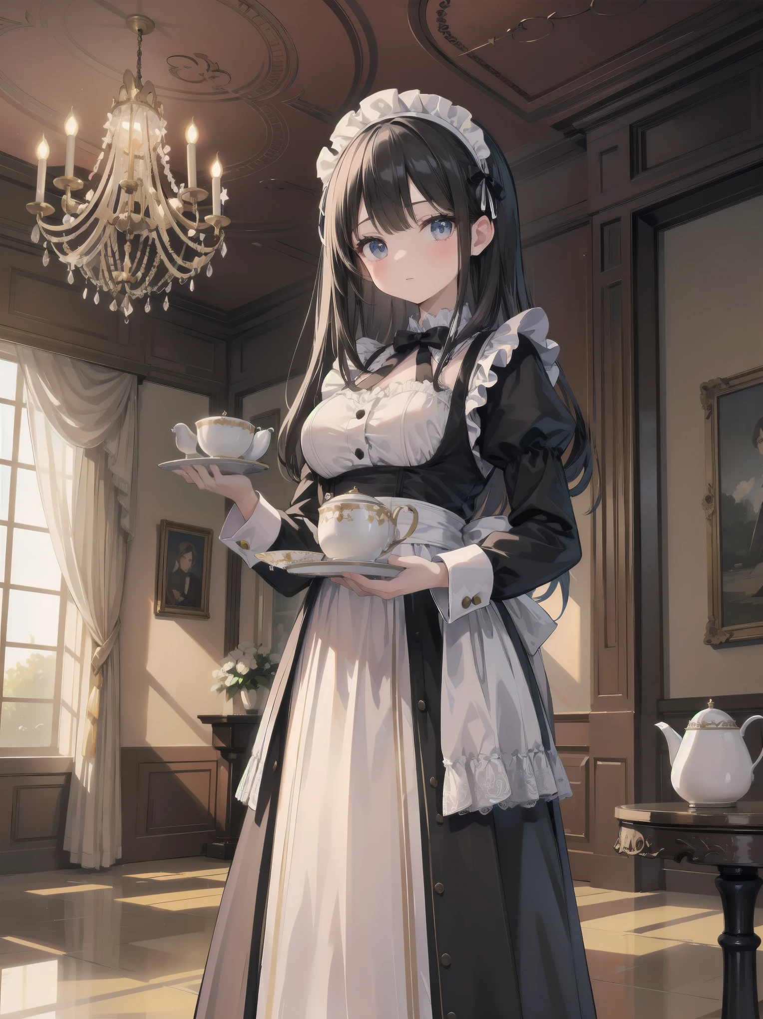Illustration of a beautiful girl in a cute pose,(Masterpiece: 1.2), (Best quality: 1.2), A cute girl with long black hair, dressed in a classic black and white maid outfit with frilly lace and a matching headband, is standing in a beautifully decorated Victorian-style parlor. She is holding a silver tray with a teapot and teacup, her expression a mix of professionalism and warmth. The background includes ornate furniture, a chandelier, and large windows with heavy drapes, all bathed in soft afternoon light. This illustration emphasizes the elegant and welcoming atmosphere of a high-class tea service