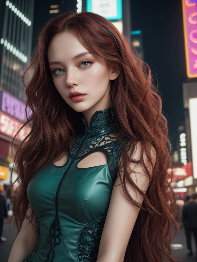 Create a vibrant, highly detailed portrait of a stunningly beautiful woman in her late 20s with a mix of realism and illustrative elements. She has deep green eyes, long wavy red hair, and a confident, enigmatic expression. Her outfit is a fusion of modern fashion and futuristic design, featuring a sleek, form-fitting dress with intricate patterns and bright colors. The background is a modern cityscape with towering skyscrapers, neon signs and busy streets, creating a dynamic urban environment. The scene is illuminated by the vivid, colorful lighting of the neon signs, casting a glow across your features. Capture the image in 4K resolution using high-quality cinema lenses to emphasize depth and texture. The style should blend photographic realism with artistic illustration, incorporating bold, saturated colors and fine, intricate details to create a visually stunning and unique portrait.