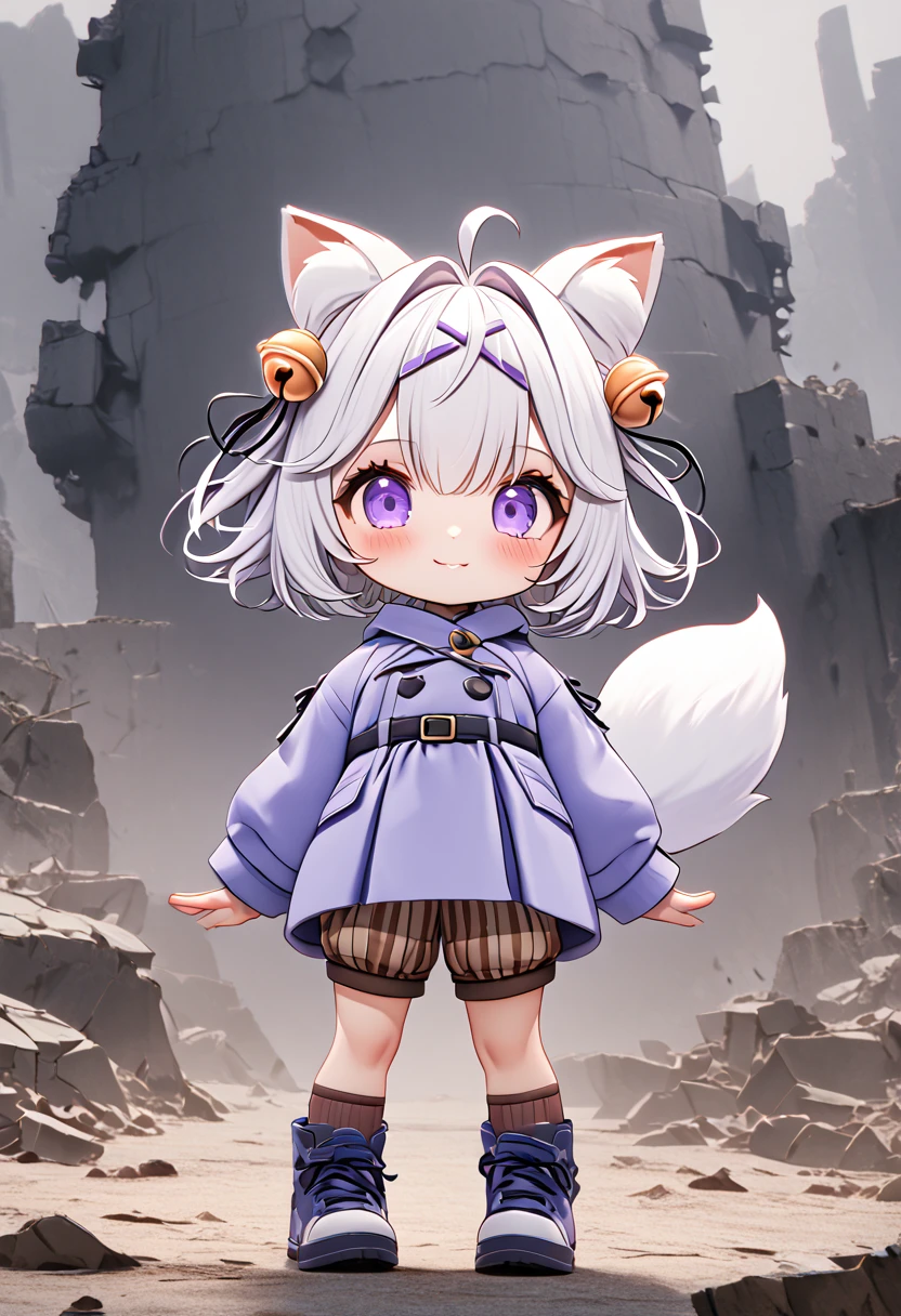 master piece, best quality, ultra-detailed, illustration, 1girl, solo, chibi, (big head), cute pose, front view, looking at viewer, ((full body Close up)), Filiansailor, (purple hairclip:1.5), (hair bell:1.5), white hair, short hair, cat ears, ahoge, purple eyes, blush, smiling, (fluffy tail), ((blue peacoat)), long sleeves, brown striped shorts, brown knee socks, blue shoes, battlefield background, gloomy atmosphere, broken castle, broken walls, broken windows