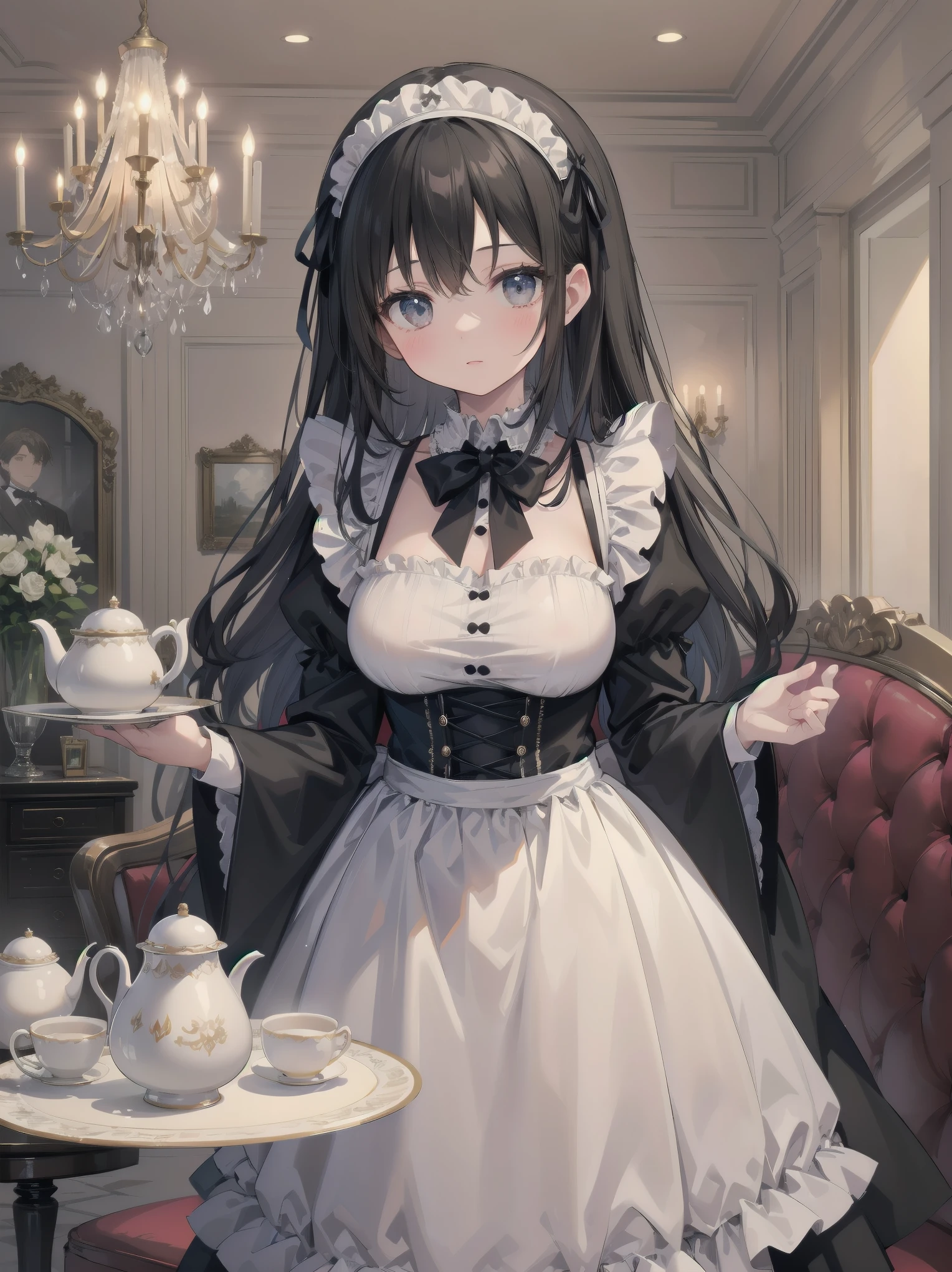 Illustration of a beautiful girl in a cute pose,(Masterpiece: 1.2), (Best quality: 1.2), A cute girl with long black hair, dressed in a classic black and white maid outfit with frilly lace and a matching headband, is standing in a beautifully decorated Victorian-style parlor. She is holding a silver tray with a teapot and teacup, her expression a mix of professionalism and warmth. The background includes ornate furniture, a chandelier, and large windows with heavy drapes, all bathed in soft afternoon light. This illustration emphasizes the elegant and welcoming atmosphere of a high-class tea service