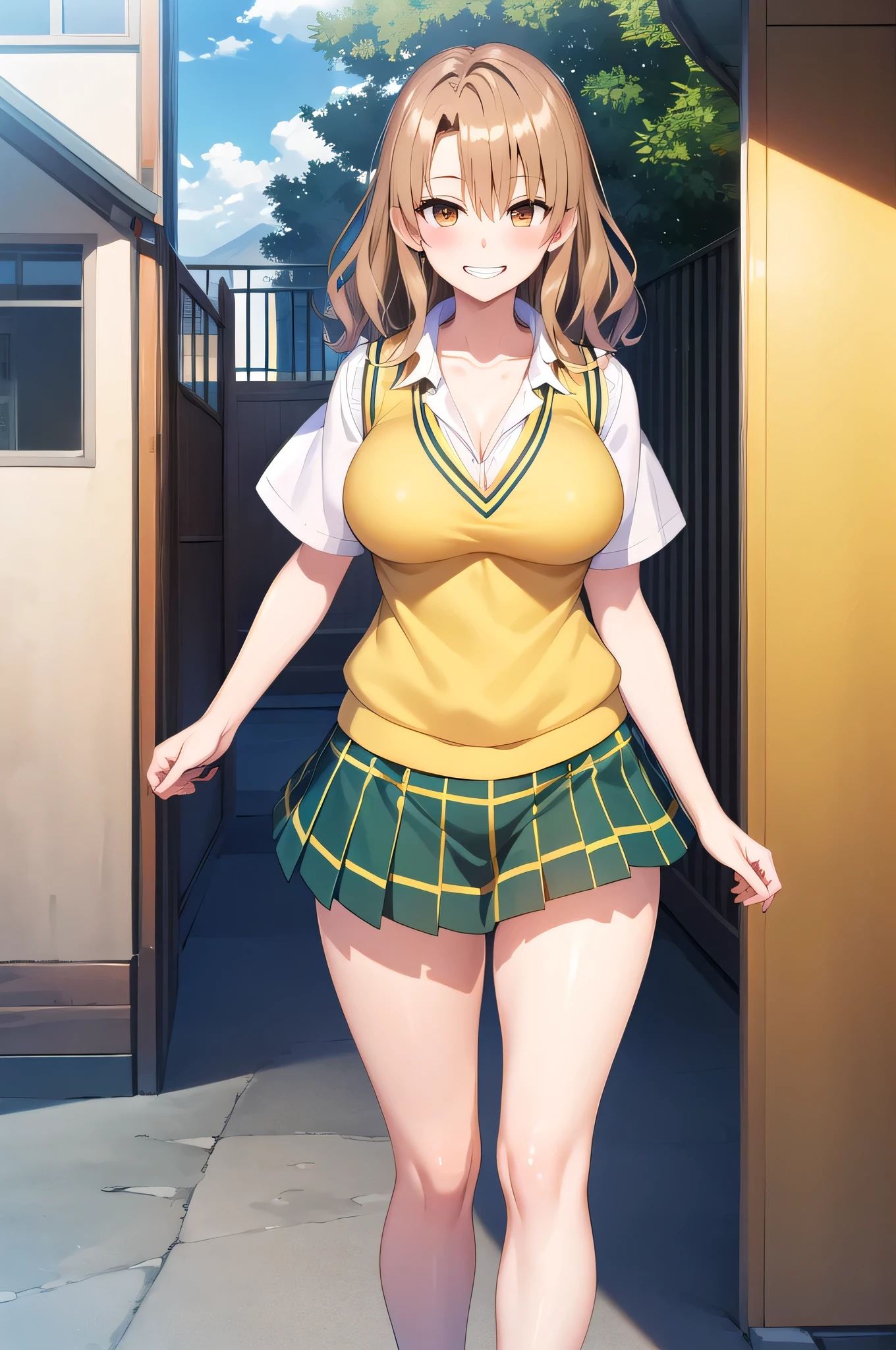 Anime Women、solo、Game CG style、masterpiece、Highest quality、High resolution、Woman with short brown hair、Brown eyed woman、Wavy Hair、Big Breasts、A woman with very large breasts、Tall Woman、clavicle、School uniforms、High school girls、Collared shirt、White shirt、Sweater vest、(Yellow vest:1.2)、Short sleeve、Green bow tie、Checkered Skirt、Green Skirt、Pleated skirt、Navy blue knee-high sockary Jane、Mouth open、A woman is standing、Cowboy Shot、Outdoor、Sexy vibe、Perfect proportions、Grin、Female focus、looking at viewer、