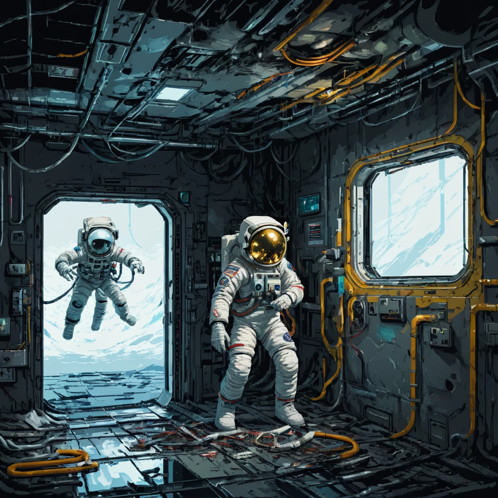 Skeleton Astronaut, space station, Science Fiction, canteen, Emergency lighting, Fragments, damage, hose, 电Wire, filling, ((pulp_漫painting, heavy_Wire, hand_painting, hand_Ink, hand_colored, Chen Wenku))