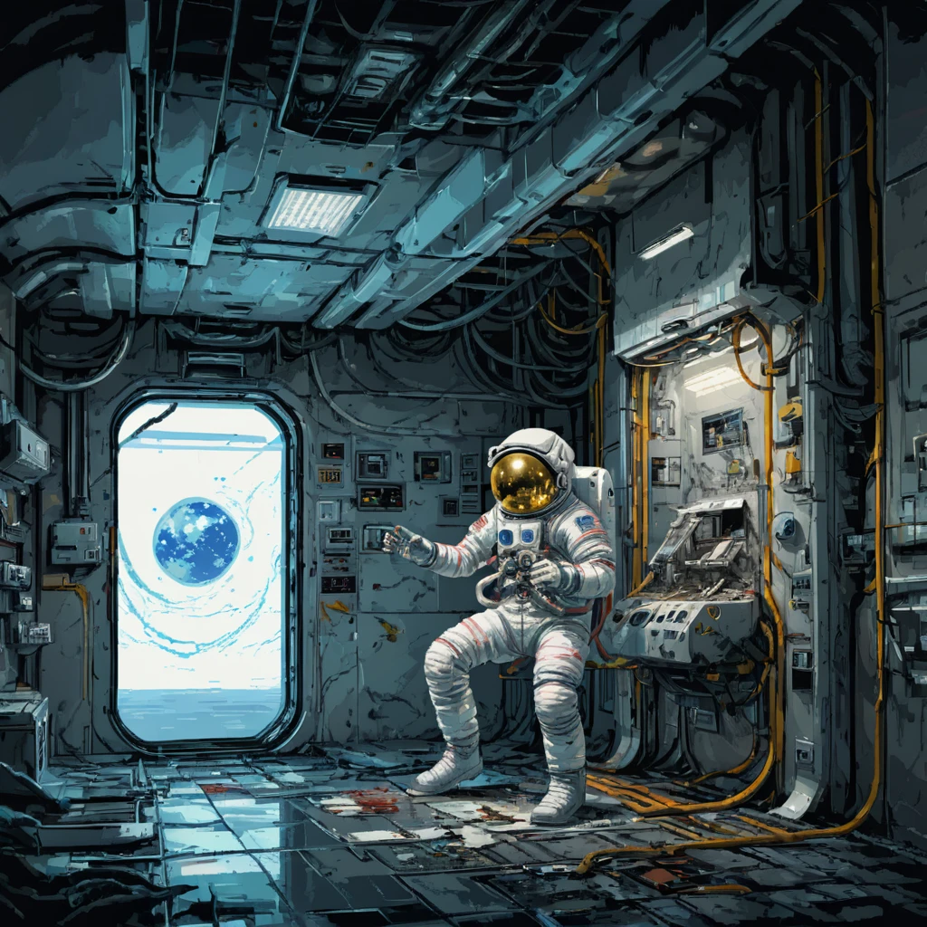 Skeleton Astronaut, space station, Science Fiction, canteen, Emergency lighting, Fragments, damage, hose, 电Wire, filling, ((pulp_漫painting, heavy_Wire, hand_painting, hand_Ink, hand_colored, Chen Wenku))