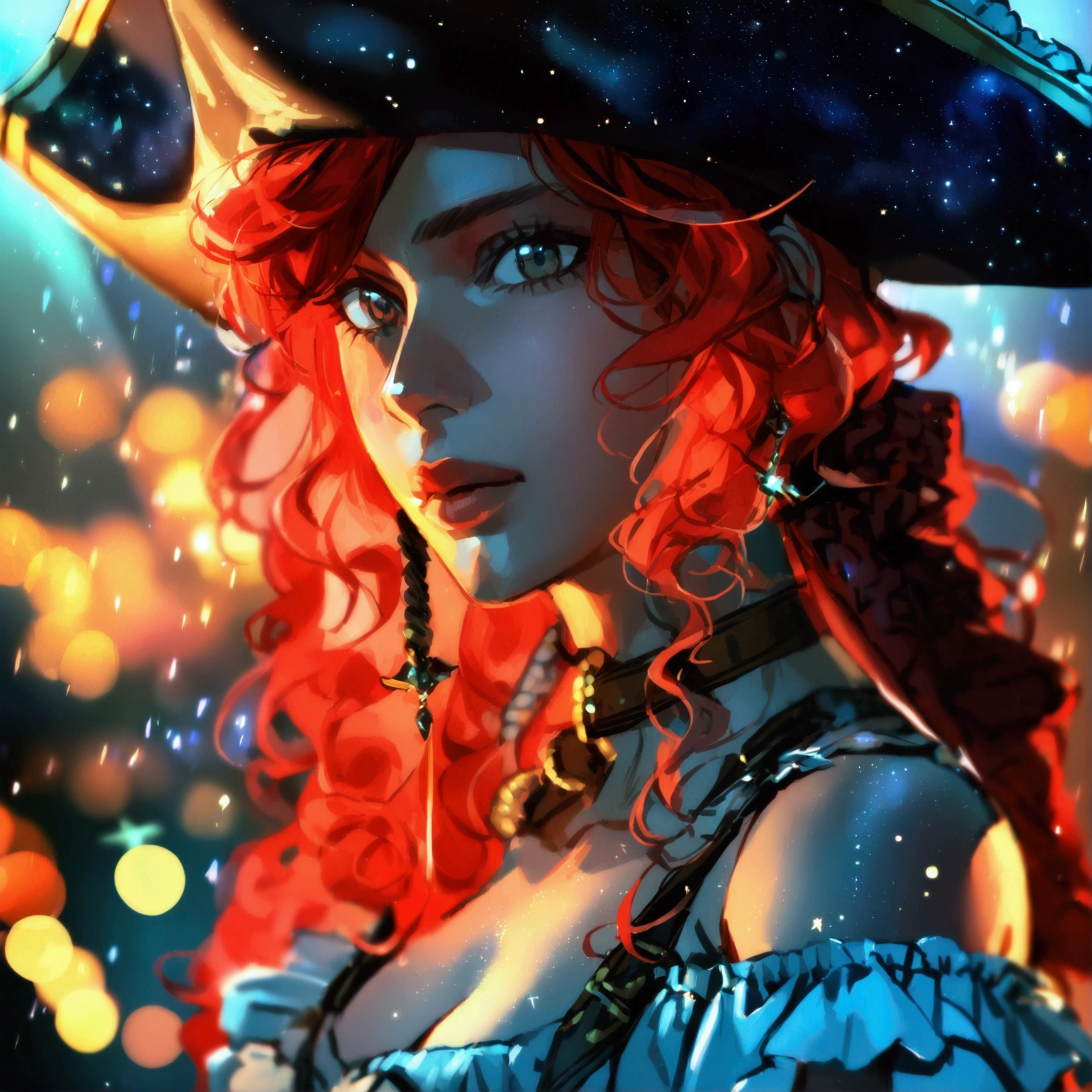 1woman, red hair, wavy hair, pirate clothes, night sky background, starry sky background,