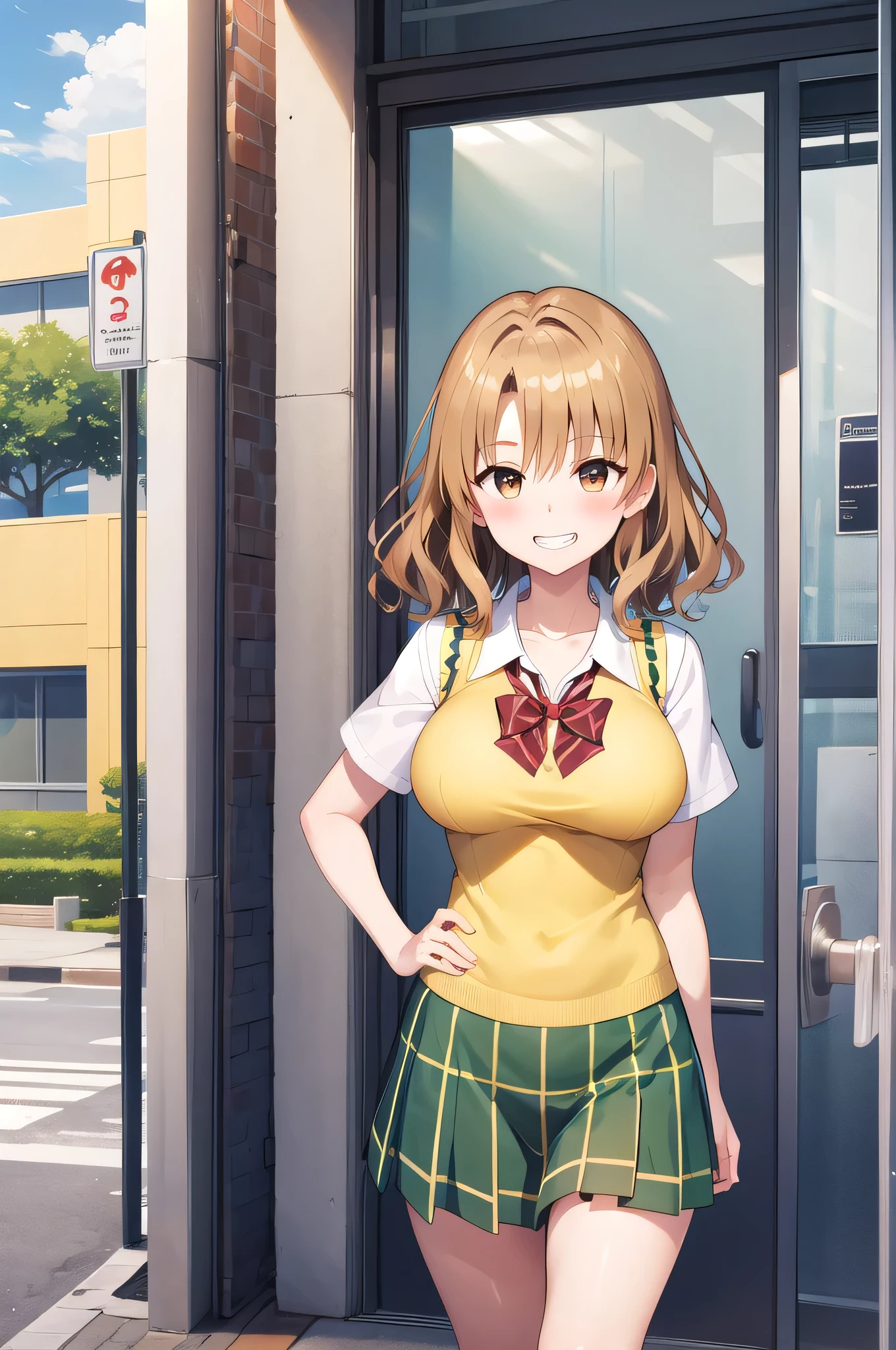 Anime Women、solo、Game CG style、masterpiece、Highest quality、High resolution、Woman with short brown hair、Brown eyed woman、Wavy Hair、Big Breasts、A woman with very large breasts、Tall Woman、clavicle、School uniforms、High school girls、Collared shirt、White shirt、Sweater vest、(Yellow vest:1.2)、Short sleeve、Green bow tie、Checkered Skirt、Green Skirt、Pleated skirt、Navy blue knee-high sockary Jane、Mouth open、A woman is standing、Cowboy Shot、Outdoor、Sexy vibe、Perfect proportions、Grin、Female focus、looking at viewer、