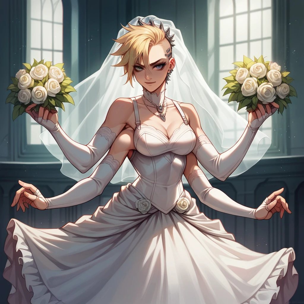 ((masterpiece)), ((best quality)), (detailed), perfect, solo, , bride, skirt, blonde, punk, cyber, four arms