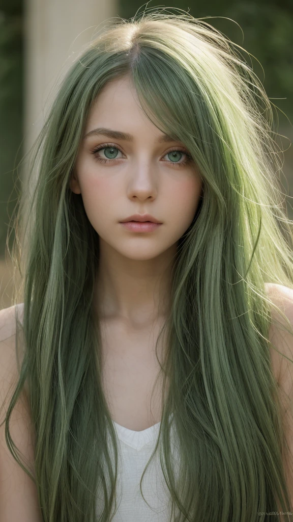 a beautiful girl.  Europe.  Oval face.  delicate facial features.  long straight green hair.  messy hair.  Beautifully detailed eyes.  sad eyes.  green eyes.  Sad.  shy