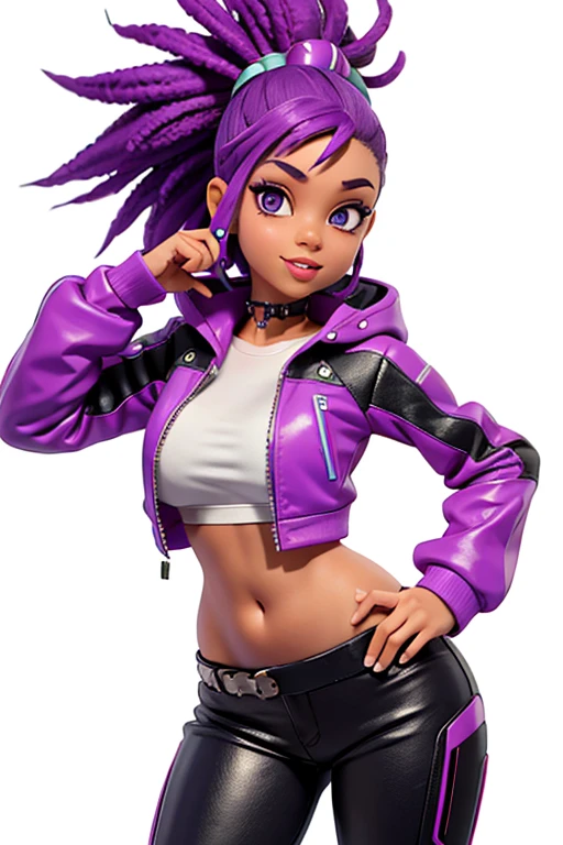 one,8k highly detailed, casual games, , 3D art style, Half body photo,White background,big eyes,cute,Model posing,mature African American woman,solid color background, purple Mohawk hair,Smile,(((White background))),((Cyberpunk clothing)),Punk clothes,cyberpunk style,Show belly,Face shot, purple Mohawk hair, playing a electric guitar, singing into a microphone, with big perfect lips. 