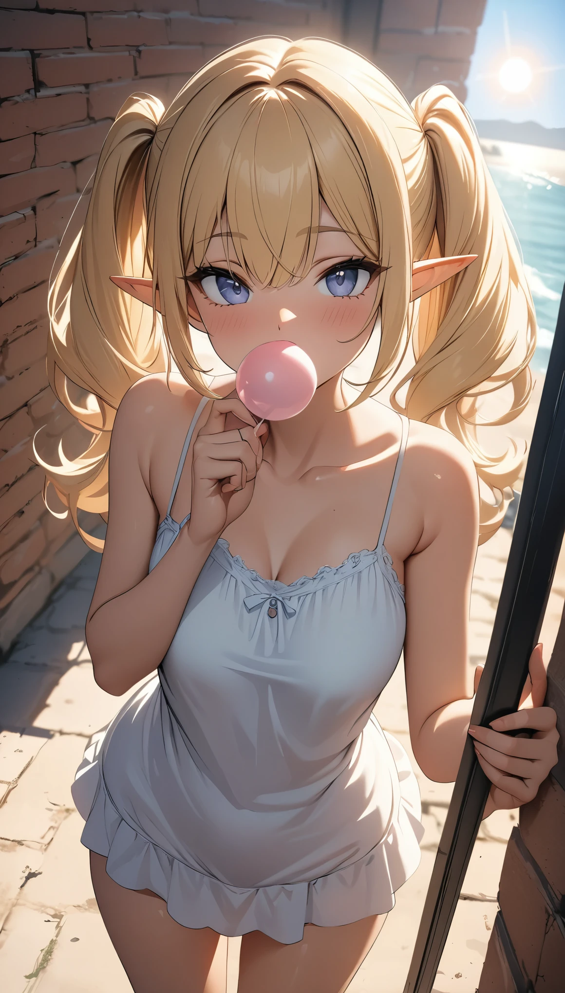 ((best quality)), ((masterpiece)), (detailed), blonde hair, twintails, backlighting, high quality, best quality, high details, Camisole dress, blowing up bubble gum, taking a selfie with a smartphone, summer sunlight, sun, sunny weather, standing by a brick wall, elf, pointy ears