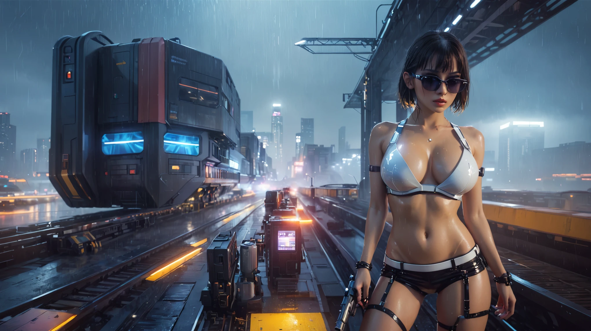 (aerial view), Blade Runner style futuristic railway platform, hi-tech train, neon lights, rainy night. (((1girl, solo, alone))), large-breast:1.2 D-cup slim:0.9 body, cleavage:1.1, miniskirt, (black sunglasses), ((holding a mini:1.2 pistol)), dynamic pose, half-body thigh level medium shot, cinematic lighting, ray tracing.