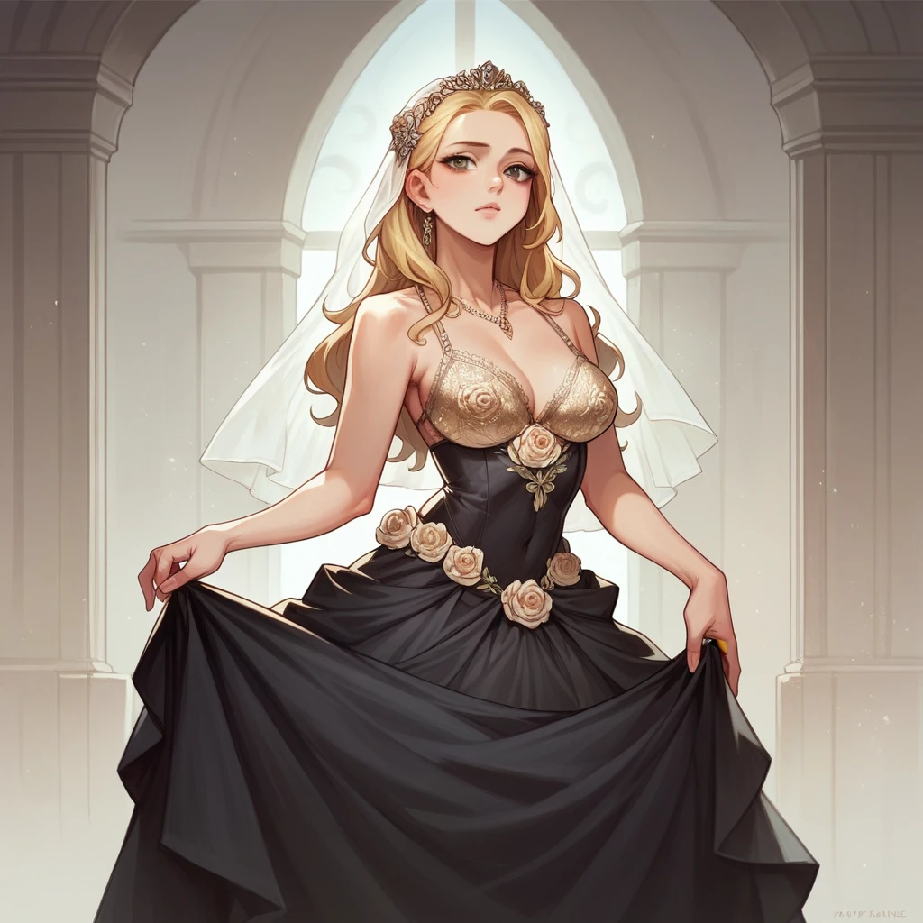 ((masterpiece)), ((best quality)), (detailed), perfect, solo,, golden lace bikini bottom, , bride, skirt, blonde, black dress