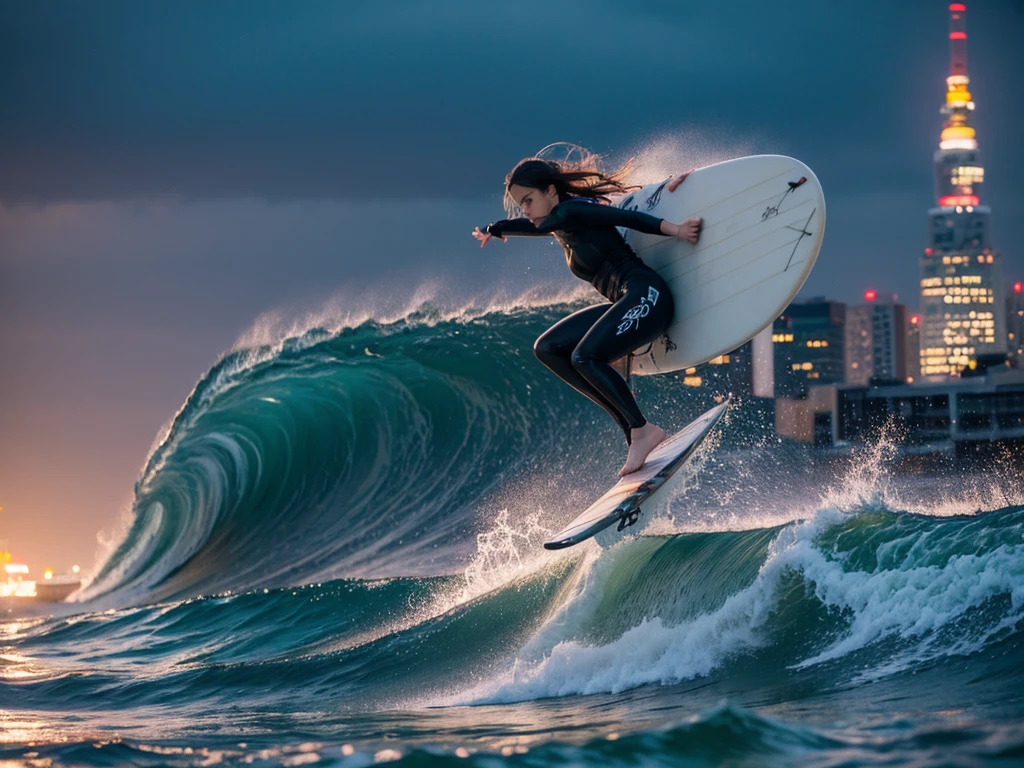 1 girl, surfing, tsunami, city, buildings, masterpiece, best quality, high detailed, dynamic pose, motion blur, long exposure, cinematic lighting, full body shot