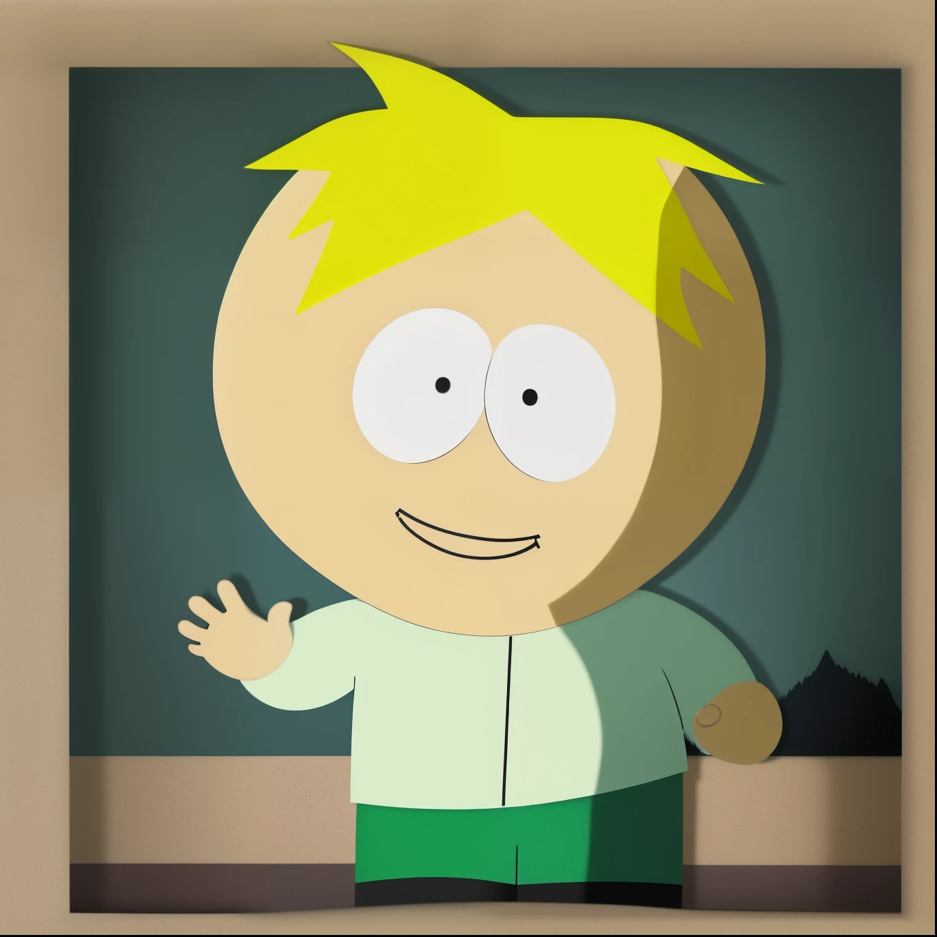 best quality, highres, solo, small town, standing, short, light smile, south_park, blonde hair, 1boy, waving, butters,  